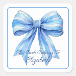 Blue Stripe Waterverf Bow Gepersonaliseerde Boeken Vierkante Sticker