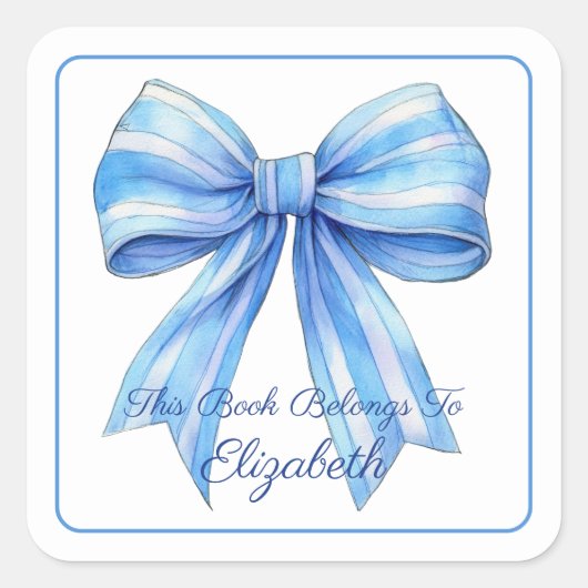 Blue Stripe Waterverf Bow Gepersonaliseerde Boeken Vierkante Sticker (Voorkant)