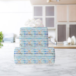 Blue Stripe Waterverf Bunny voor Baby Cadeaupapier