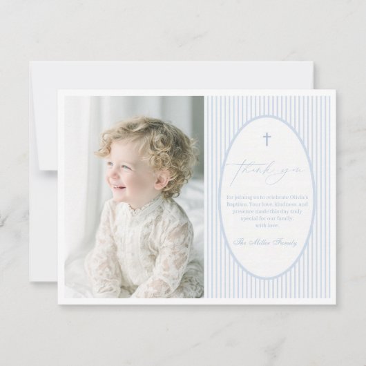 Blue Striped Baptism Flat Thank You Card Bedankkaart (Voorkant)