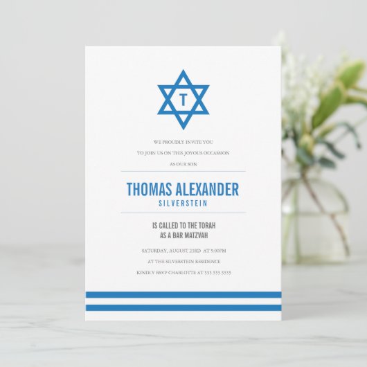 Blue Striped Bar Mitzvah Invite Kaart (Staand voorkant)