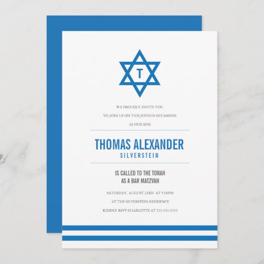 Blue Striped Bar Mitzvah Invite Kaart (Voorkant / Achterkant)