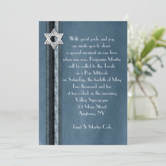 Blue Striped Bar Mitzvah Uitnodiging (Staand voorkant)