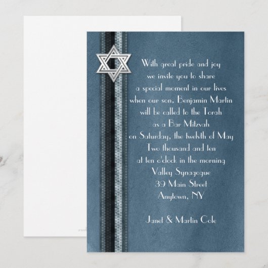 Blue Striped Bar Mitzvah Uitnodiging (Voorkant / Achterkant)