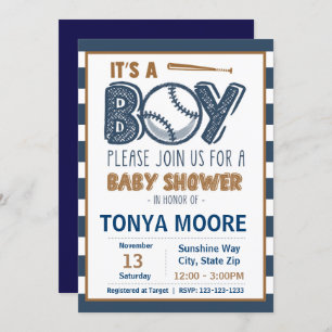 Blue Striped Baseball Baby shower Invitation Kaart