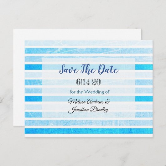 Blue Striped Crackle Save the Date Briefkaart (Voorkant / Achterkant)