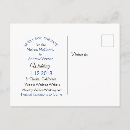 Blue Striped Crackle Save the Date Briefkaart (Achterkant)