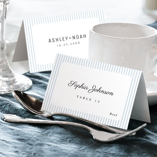 Blue Striped Elegance Classy Foldable Place Card Kaart