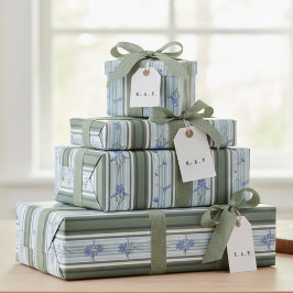 Blue Striped Floral Archive Personalized Wrapping Cadeaupapier