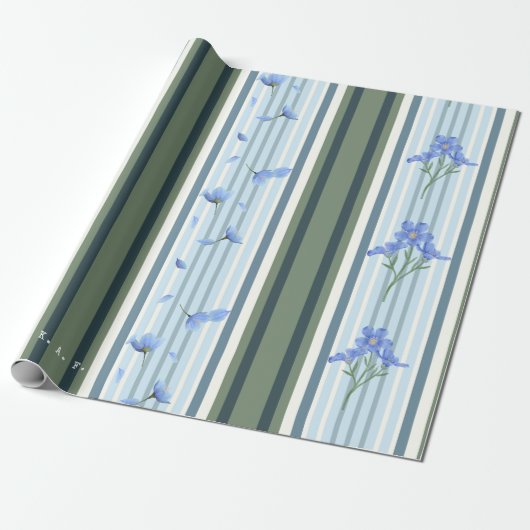 Blue Striped Floral Archive Personalized Wrapping  Cadeaupapier (Uitgerold)