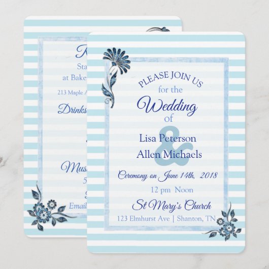 Blue Striped Floral Wedding Invitation Kaart (Voorkant / Achterkant)