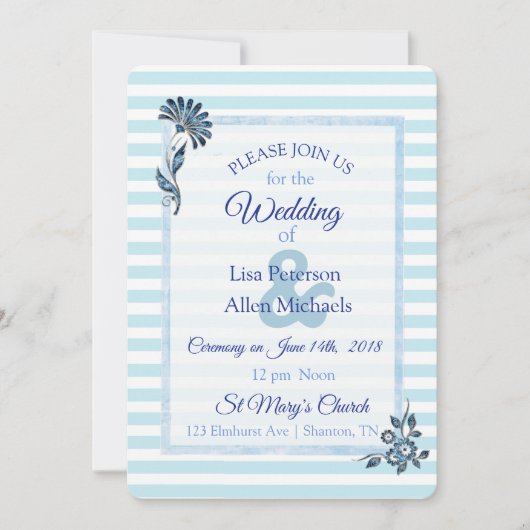 Blue Striped Floral Wedding Invitation Kaart (Voorkant)