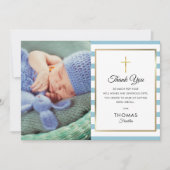Blue Striped Gold Cross Baptisme Christening Foto Bedankkaart (Voorkant)