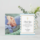 Blue Striped Gold Cross Baptisme Christening Foto Bedankkaart (Staand voorkant)