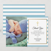 Blue Striped Gold Cross Baptisme Christening Foto Bedankkaart (Voorkant / Achterkant)