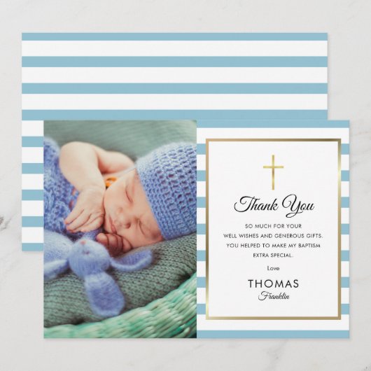 Blue Striped Gold Cross Baptisme Christening Foto Bedankkaart (Voorkant / Achterkant)