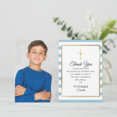 Blue Striped Gold Cross First Heilige Communfoto Bedankkaart (Staand voorkant)
