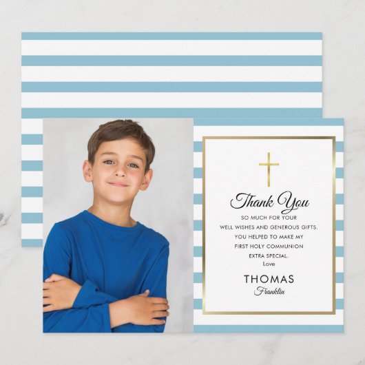 Blue Striped Gold Cross First Heilige Communfoto Bedankkaart (Voorkant / Achterkant)