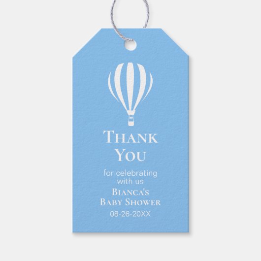 Blue Striped Hete Luchtballon Baby shower Dank u Cadeaulabel (Voorkant)