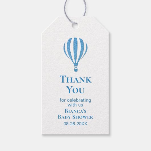 Blue Striped Hete Luchtballon Baby shower Dank u Cadeaulabel (Voorkant)