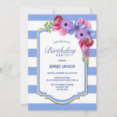 Blue Striped Lavender Floral Birthday Party Kaart (Voorkant)