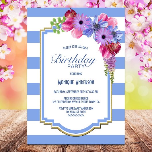 Blue Striped Lavender Floral Birthday Party Kaart
