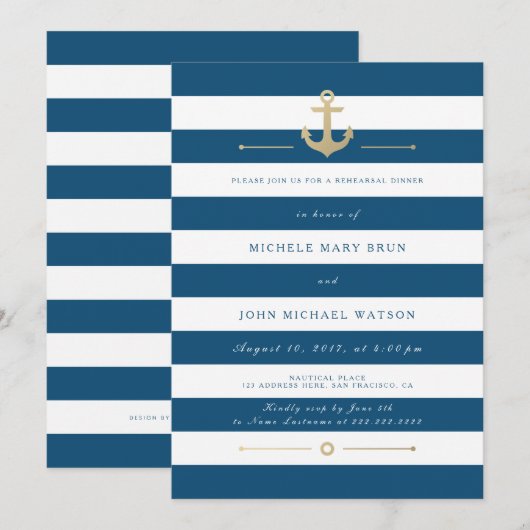 Blue Striped Nautical Rehearsal Dinner Invite Kaart (Voorkant / Achterkant)