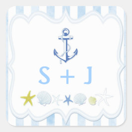 Blue Striped Nautical Wedding Favor Vierkante Sticker