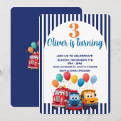 Blue Striped Truck Birthday Theme Invitation Kaart (Voorkant / Achterkant)