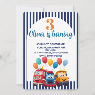 Blue Striped Truck Birthday Theme Invitation Kaart