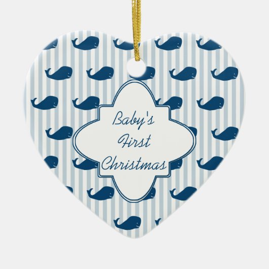Blue Stripes and Whales Baby's First Kerstcer Keramisch Ornament (Voorkant)