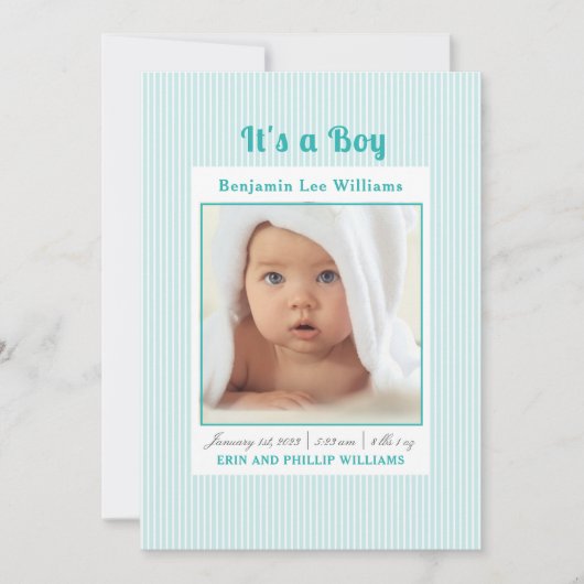 Blue Stripes Baby Boy Foto Aankondiging Geboorte (Voorkant)