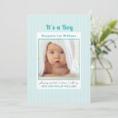 Blue Stripes Baby Boy Foto Aankondiging Geboorte (Staand voorkant)