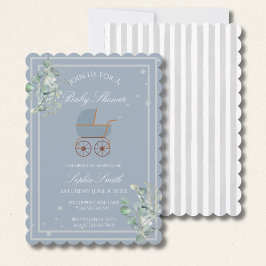 Blue Stripes Baby Carriage Baby Shower Scalloped Kaart
