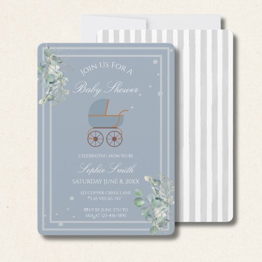 Blue Stripes Baby Carriage Eucalyptus Baby Shower  Kaart