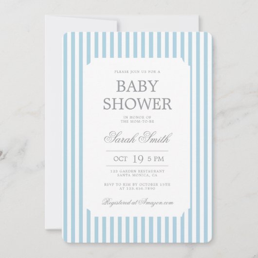 Blue Stripes Baby Shower Boy Invitation Kaart (Voorkant)