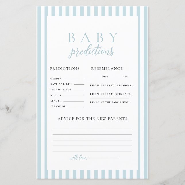 Blue Stripes Baby shower Voorspelling Advies Spel (Voorkant)