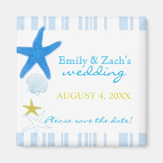 Blue Stripes Beach Wedding Save the Date Magneet