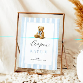 Blue Stripes Bear Baby Shower Diaper Raffle  Poster