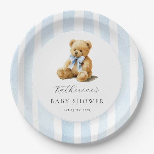 Blue Stripes Bear Baby Shower  Papieren Bordje (Voorkant)