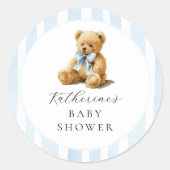 Blue Stripes Bear Baby Shower Ronde Sticker (Voorkant)