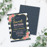 Blue Stripes, Blush roze Roses Sweet 16 Invitation Kaart<br><div class="desc">Het verjaardagsmeisje een feest geven om 16 te worden? Nodig vrienden en familie uit met deze zoete zestien uitnodiging met een faux gouden grens, blauwe en witte strepen, wazige roze rozen en een gevlekte achterkant. Pas het aan door de placeholder tekst te vervangen. Klik op de knop "Aanpassen" voor meer...</div>