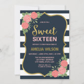 Blue Stripes, Blush roze Roses Sweet 16 Invitation Kaart (Voorkant)