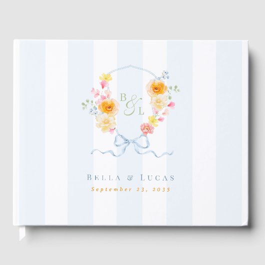 Blue Stripes Bow Crest Monogram Spring Wedding Gastenboek (Voorkant)