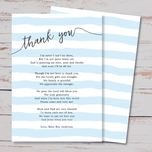 Blue Stripes Boy Baby shower Gedicht Bedankkaart
