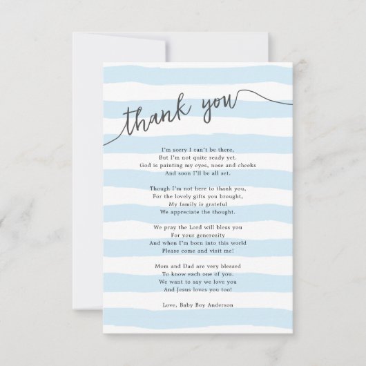Blue Stripes Boy Baby shower Gedicht Bedankkaart (Voorkant)
