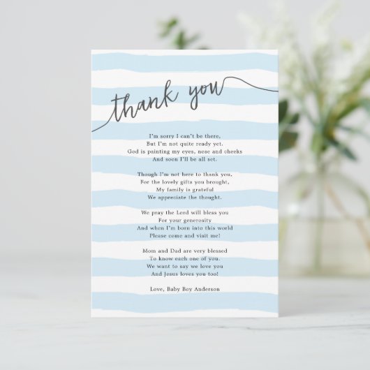 Blue Stripes Boy Baby shower Gedicht Bedankkaart (Staand voorkant)