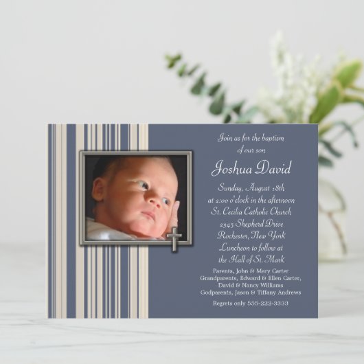 Blue Stripes Boy Fotodoop Uitnodigingen (Staand voorkant)