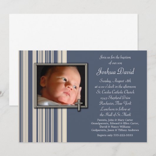 Blue Stripes Boy Fotodoop Uitnodigingen (Voorkant / Achterkant)