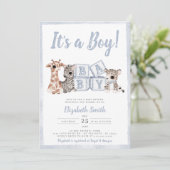 Blue Stripes Boy Safari Animals Baby shower Kaart (Staand voorkant)